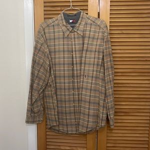 TH long sleeved, tan/blue plaid, button down shirt in excellent condition